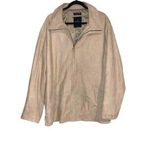 Nautica Beige Genuine Leather Jacket Mens 48 Zip Front Polyester Lining Stylish